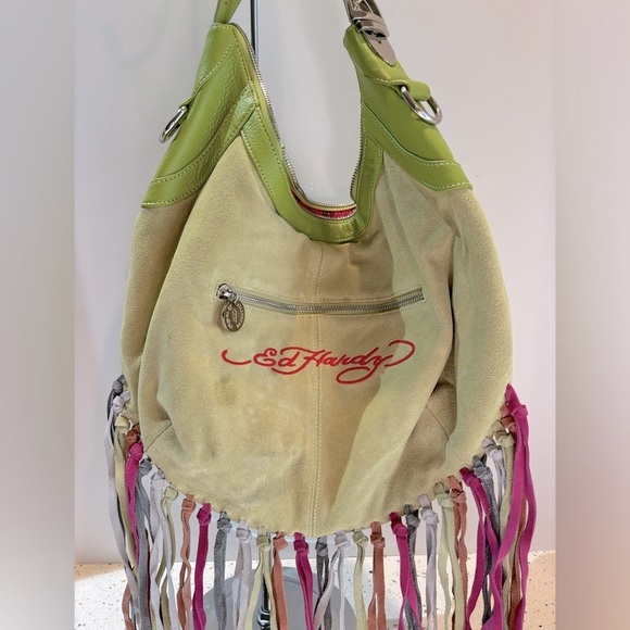 Y2K Ed Hardy LOVE Green Leather‎ Suede Fringe Shoulder Handbag with Crystal Rose - Picture 12 of 15